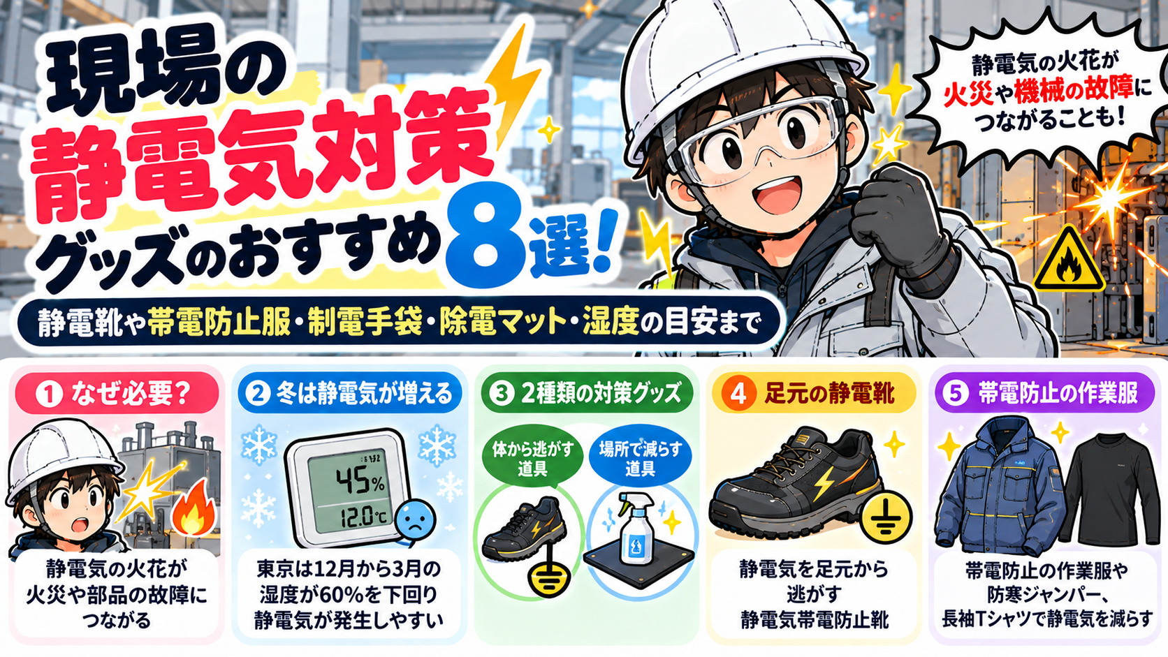 静電気対策グッズのおすすめ8選！現場で使う静電靴や帯電防止服と冬の湿度の目安