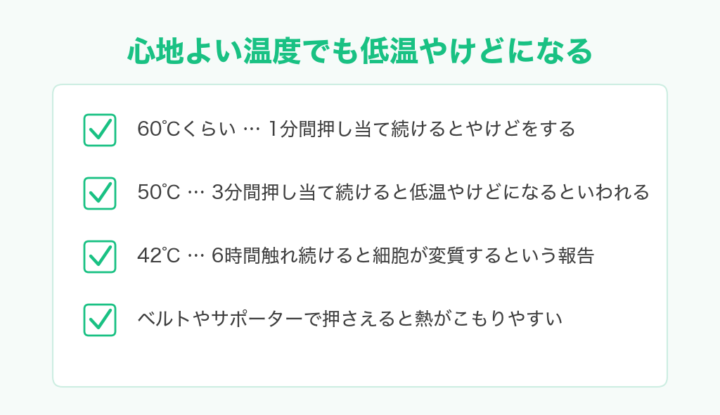 低温やけどになる温度と時間の目安の図解。60度で1分、50度で3分、42度で6時間
