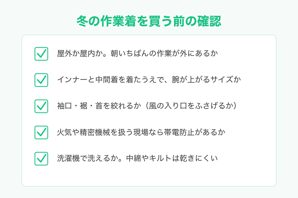 冬の作業着を買う前の確認チェックリストの図解