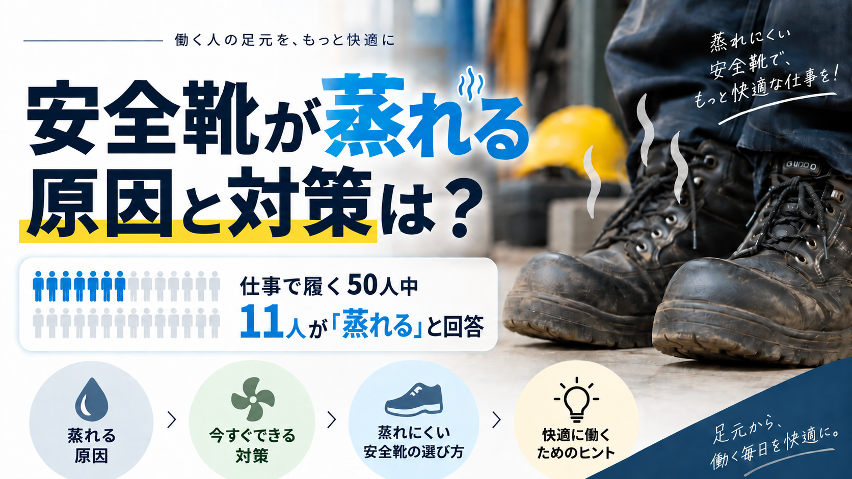 安全靴が蒸れる原因と対策は？仕事で履く50人中11人が「蒸れる」と回答