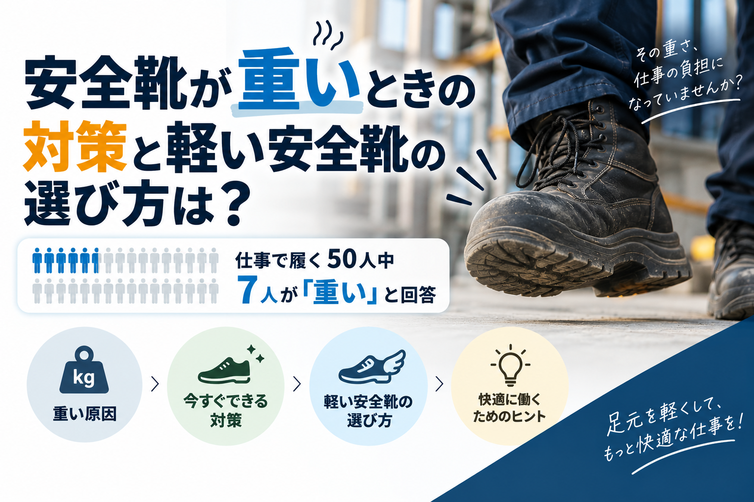 安全靴が重いときの対策と軽い安全靴の選び方は？50人中7人が「重い」と回答