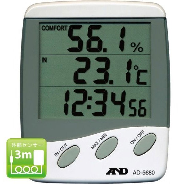 ミドリ安全で売っている時計付大型液晶温湿度計 AD5680