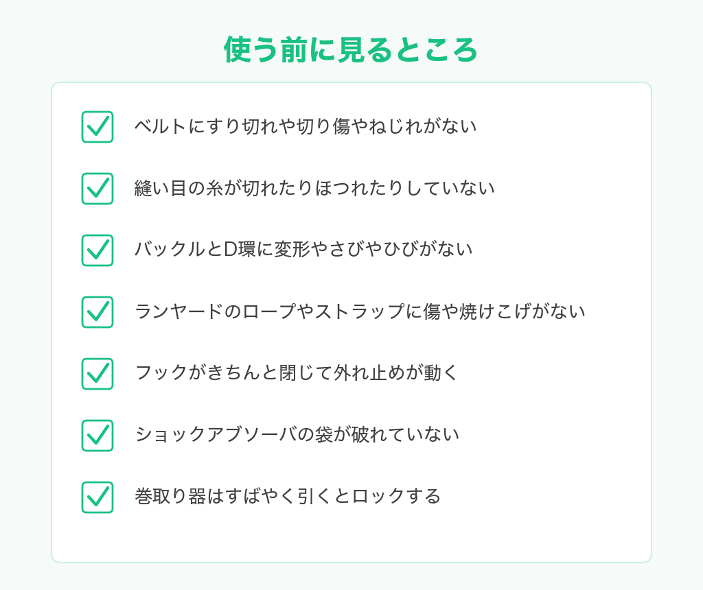 フルハーネスを使う前に見るところのチェックリスト