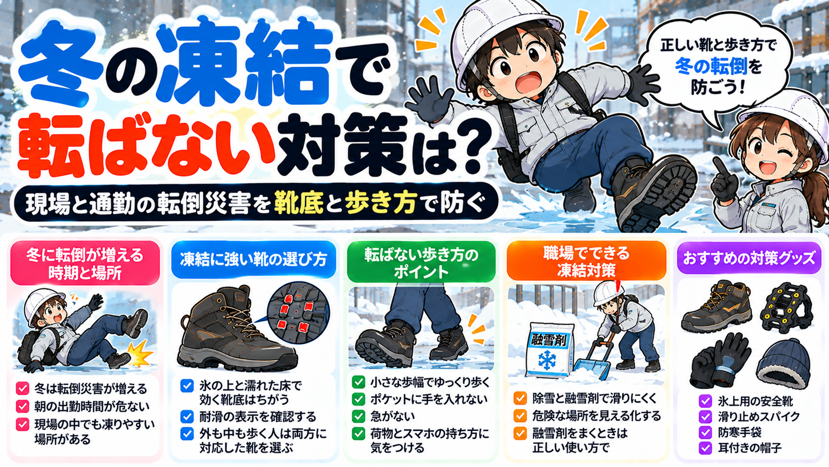 冬の凍結で転ばない対策は?現場と通勤の転倒災害を靴底と歩き方で防ぐ