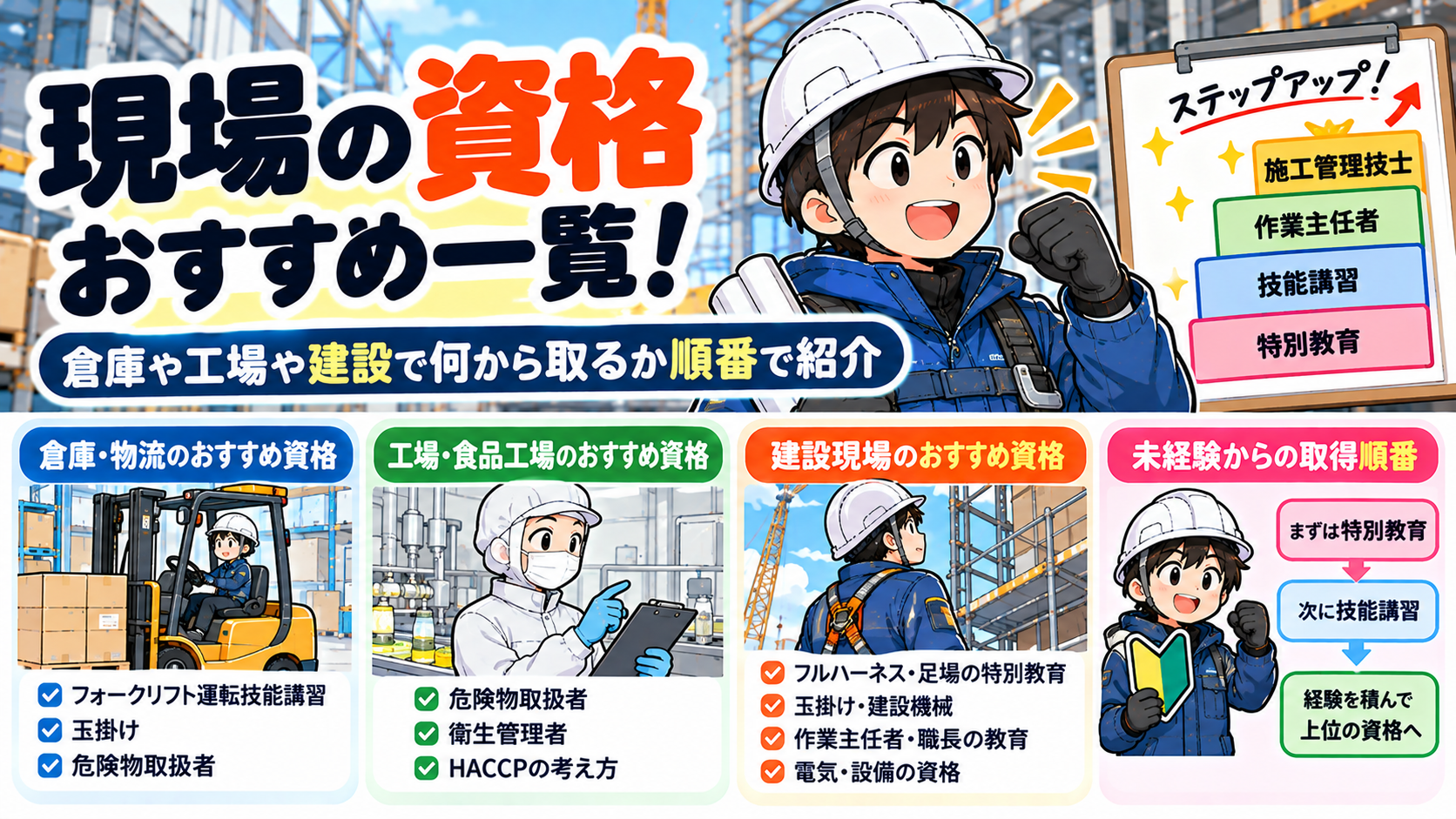 現場の資格おすすめ一覧!倉庫や工場や建設で何から取るか順番で紹介