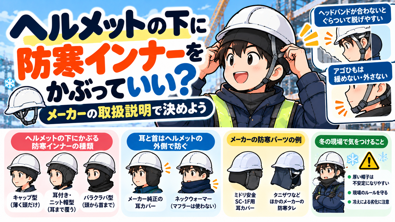 ヘルメットの下に防寒インナーをかぶっていい？冬の現場のヘルメット防寒はメーカーの取扱説明で決めよう